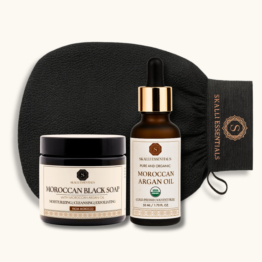 Hammam Argan Oil Bundle | Includes Authentic Moroccan Black Soap, Kessa Glove, and Organic Argan Oil