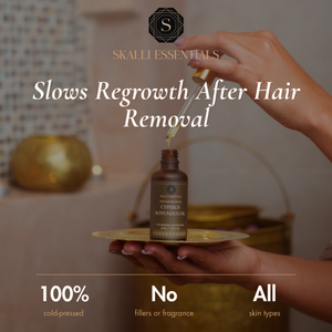 Skalli Essentials Cyperus Rotundus Oil in a Moroccan hammam: slows regrowth after hair removal, 100% cold-pressed, no fillers or fragrance, all skin types