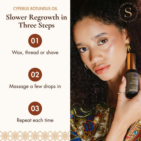 How to use Skalli Essentials Cyperus Rotundus Oil in three steps: wax, thread or shave, massage a few drops in, repeat each time
