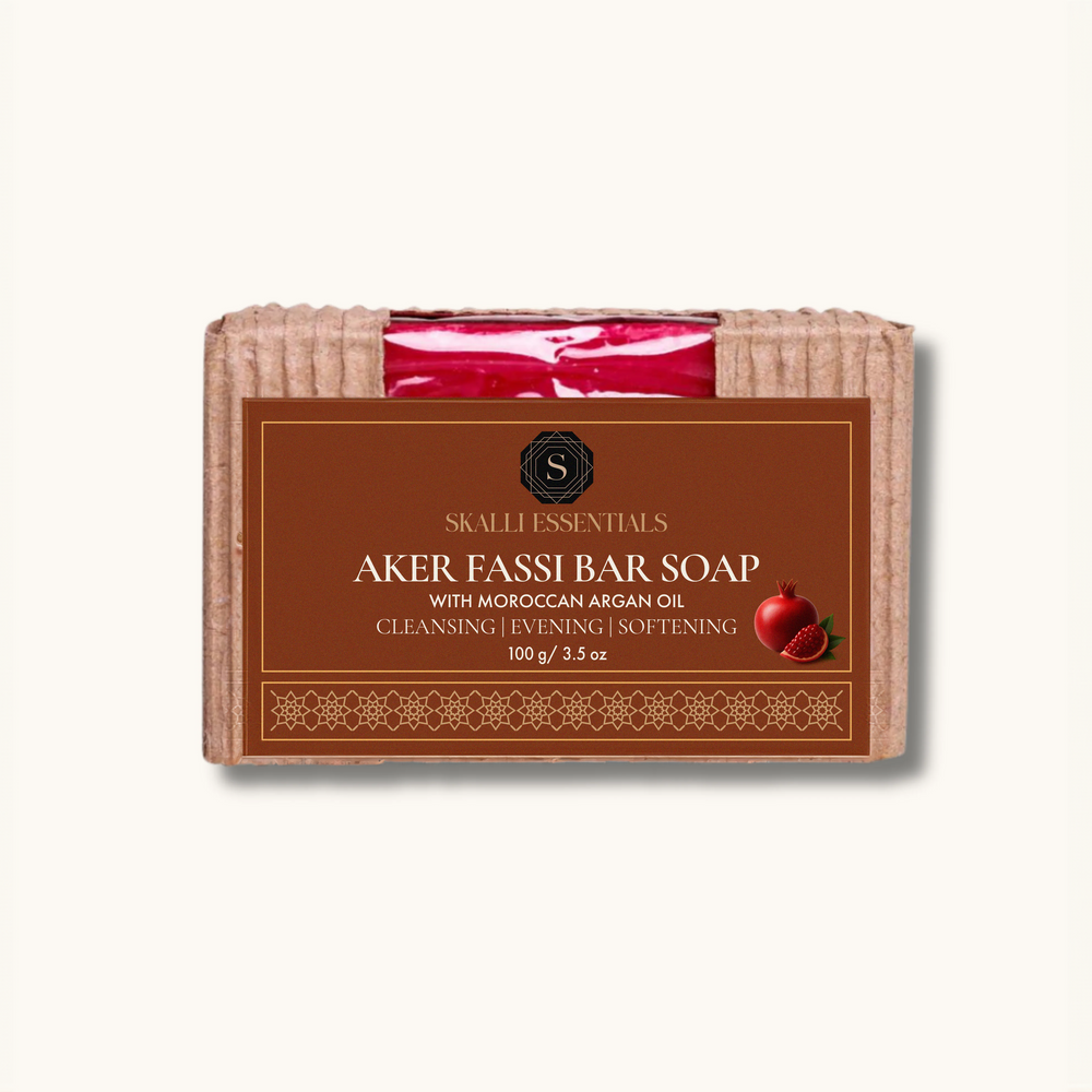 Aker Fassi Bar Soap with Moroccan Argan Oil by Skalli Essentials in eco-friendly packaging, enriched with traditional Moroccan ingredients for gentle cleansing