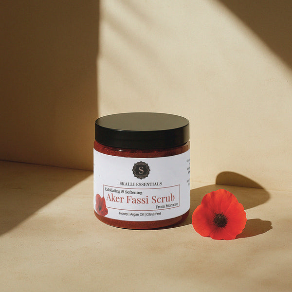 Aker Fassi scrub enriched with Moroccan argan oil, an organic exfoliating scrub for deep cleansing and skin renewal.