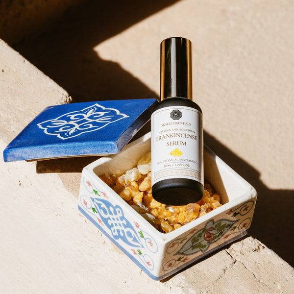 Frankincense serum infused with pure Frankincense extract and Vitamin C, perfect for revitalizing and rejuvenating your skin for a refreshed look.
