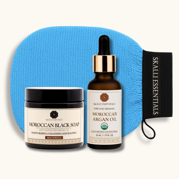 Hammam Argan Oil Bundle | Includes Authentic Moroccan Black Soap, Kessa Glove, and Organic Argan Oil