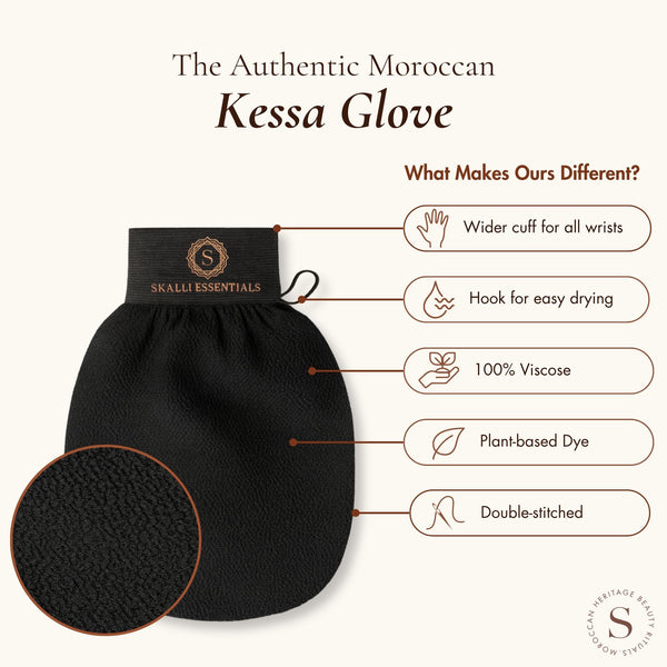 Moroccan Kessa Mitt paired with Skalli Essentials Moroccan Black Soap, ideal for exfoliating and nourishing your skin to achieve a smooth, glowing complexion.