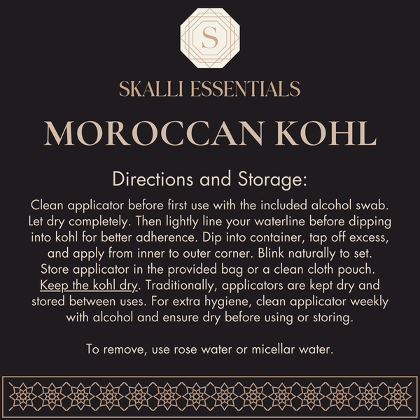 Instruction card explaining how to apply, use, and store Skalli Essentials Moroccan Kohl safely and effectively.