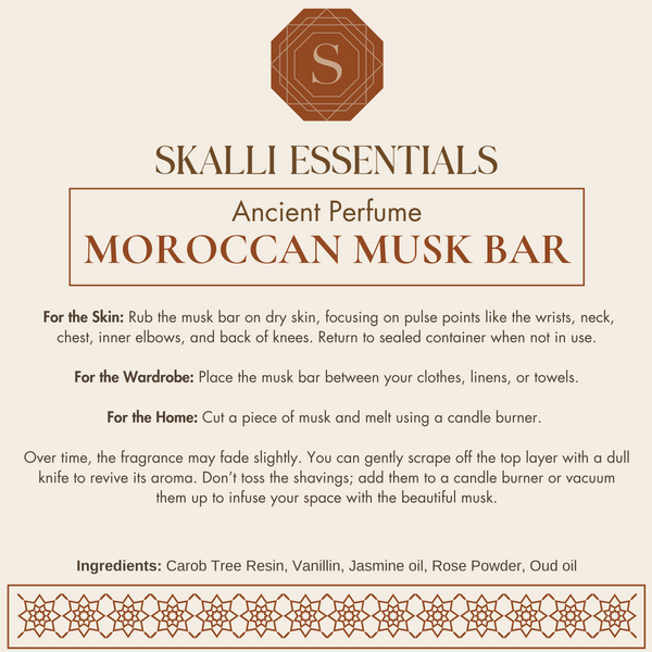 Infographic showing the different Moroccan Musk Bar scents: Vanilla Amber, Black Musk, Jasmine Basil, and White Musk, with fragrance descriptions.