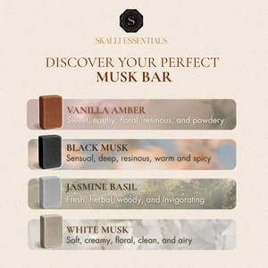A display of different Musk Bars from Skalli Essentials with descriptions of their scents: Vanilla Amber, Black Musk, Jasmine Basil, and White Musk, each offering a unique fragrance experience.