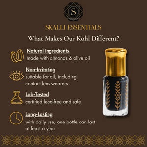 Graphic listing the benefits of Skalli Essentials natural Moroccan kohl, including natural ingredients, non-irritating formula, lab-tested safety, and long-lasting wear.