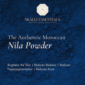 Skalli Essentials Nila Blue Powder ingredients, featuring natural Moroccan oils and Nila for brightening, exfoliating, and rejuvenating the skin.