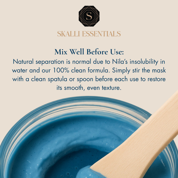 Instruction graphic for Skalli Essentials Nila & Argan Mask explaining natural separation and mixing before use.