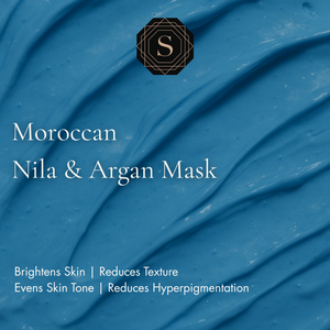 Close-up texture of Skalli Essentials Moroccan Nila & Argan Mask showing smooth blue brightening formula.