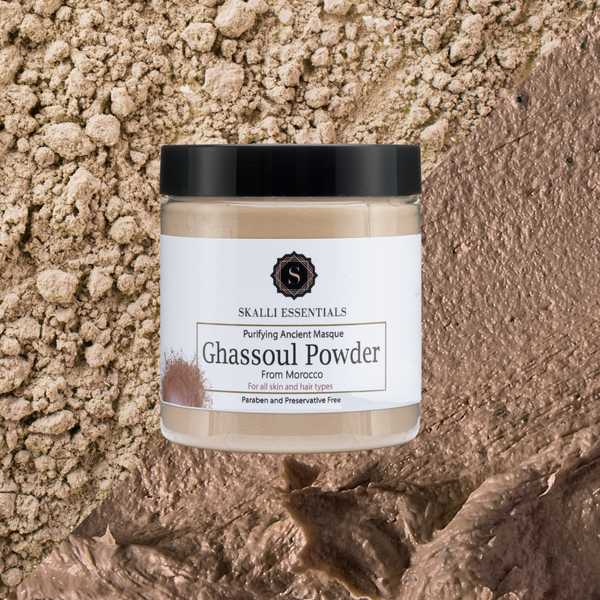 Skalli Essentials Ghassoul Powder, an authentic Moroccan beauty product, for deep cleansing and nourishing treatments. Safe for all skin and hair types.