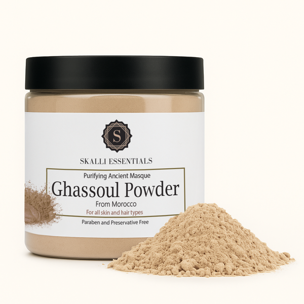 Skalli Essentials Ghassoul Powder, a natural Moroccan masque, perfect for purifying and detoxifying skin and hair. Free from parabens and preservatives.