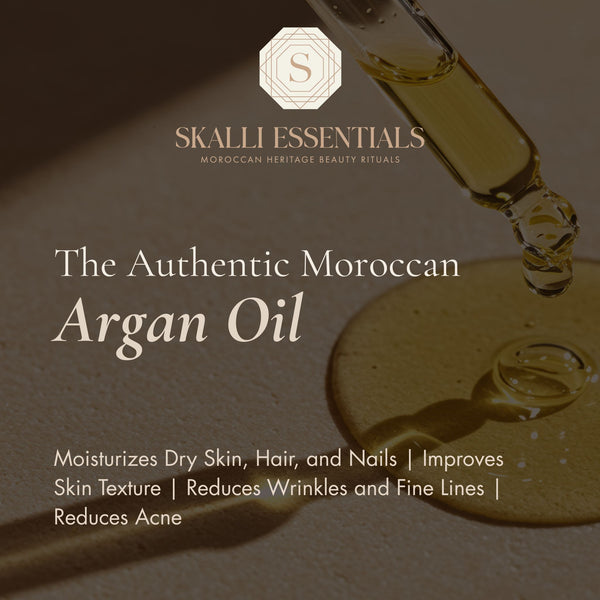 Lifestyle shot of Skalli Essentials Argan Oil, demonstrating its nourishing benefits for skin and hair, enriched with pure Moroccan Argan Oil.