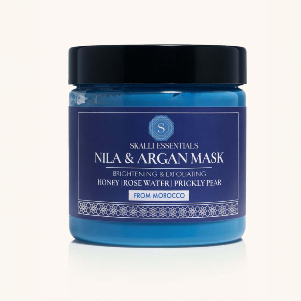Nila & Argan Mask jar by Skalli Essentials showing brightening and exfoliating Moroccan skincare formula.