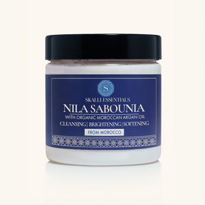 Skalli Essentials Nila Sabounia organic Moroccan soap, used for skin brightening and exfoliation, enriched with natural ingredients like Nila and argan oil.