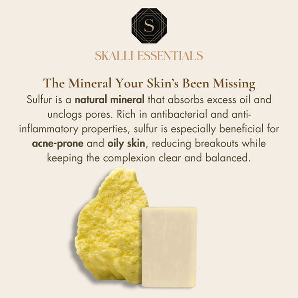 Sulfur Bar Soap with Moroccan Argan Oil displayed with natural sulfur mineral, highlighting antibacterial benefits for oily and acne-prone skin.