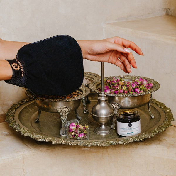 Skalli Essentials Ultimate Hammam Bundle including essential Moroccan beauty products like Moroccan Rose Water, Argan Oil, Ghassoul Powder, and more. Everything you need for a full at-home Moroccan spa ritual.