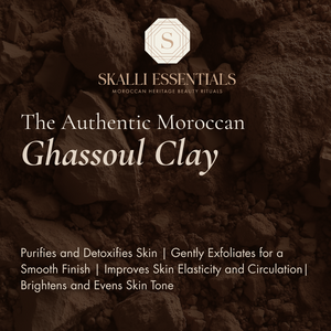 Skalli Essentials Ghassoul Clay, sourced from Morocco, purifies and detoxifies the skin while improving elasticity and circulation. Ideal for all skin types.