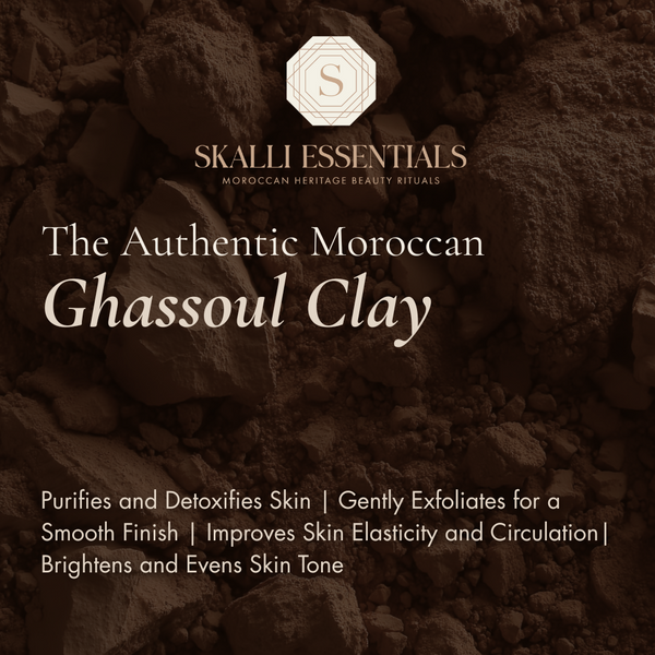 Skalli Essentials Ghassoul Clay, sourced from Morocco, purifies and detoxifies the skin while improving elasticity and circulation. Ideal for all skin types.