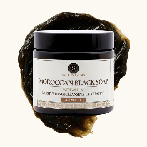 Vanilla black soap infused with organic ingredients, offering deep cleansing and moisturizing for your skin.