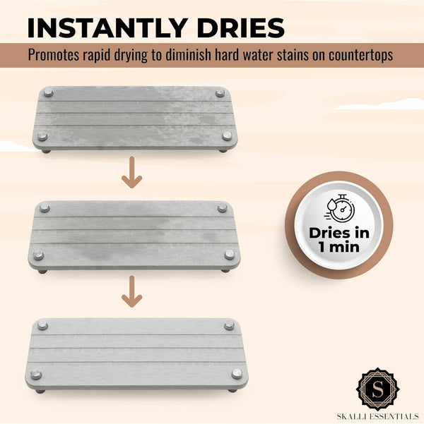 Skalli Essentials white bathroom shelf drying instantly to diminish hard water stains, showcasing quick drying feature in a stylish design.