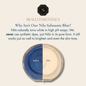 Skalli Essentials Nila Sabounia soap ingredients, including Nila and natural oils, designed to brighten and exfoliate skin, promoting a clear complexion.