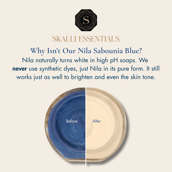 Skalli Essentials Nila Sabounia soap ingredients, including Nila and natural oils, designed to brighten and exfoliate skin, promoting a clear complexion.
