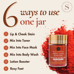 6 ways to use Skalli Essentials Pure Aker Fassi Powder: lip and cheek stain, toner, face mask, body wash, lotion booster, feet