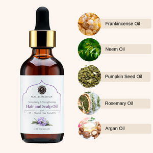 Skalli Essentials product ingredients post featuring a minimalistic design with brightening ingredients like Neem Oil, and Rose Water.